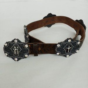 Tooled Leather Belt With Cross Buckle Rhinestone Conchos